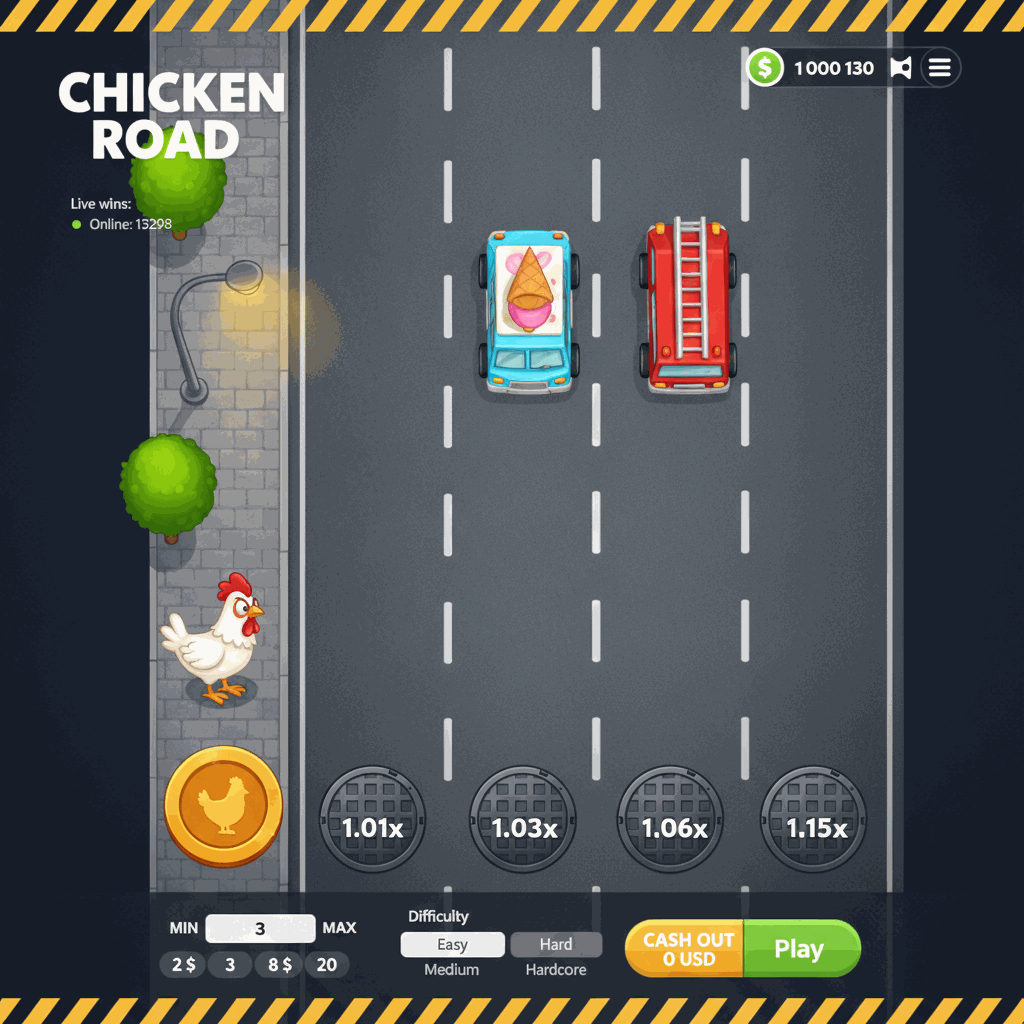 Chicken Road gioco crash di InOut: gallina cartoon attraversa una strada multi-corsia vista dall'alto con segnaletica stradale bianca, semafori e automobili colorate, moltiplicatori di vincita mostrati su ogni corsia, interfaccia arcade retro con pulsante di cashout e indicatore del premio in tempo reale